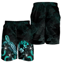 Tonga Polynesian Men's Shorts - Turtle With Blooming Hibiscus Turquoise - Polynesian Pride