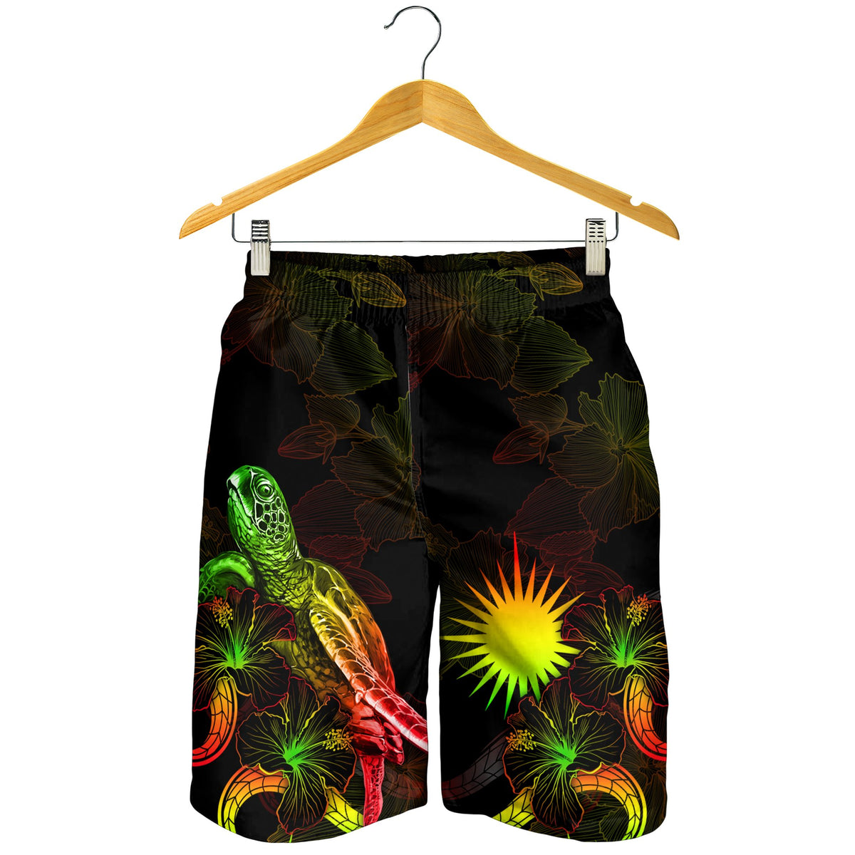 Marshall Islands Polynesian Men's Shorts - Turtle With Blooming Hibiscus Reggae - Polynesian Pride