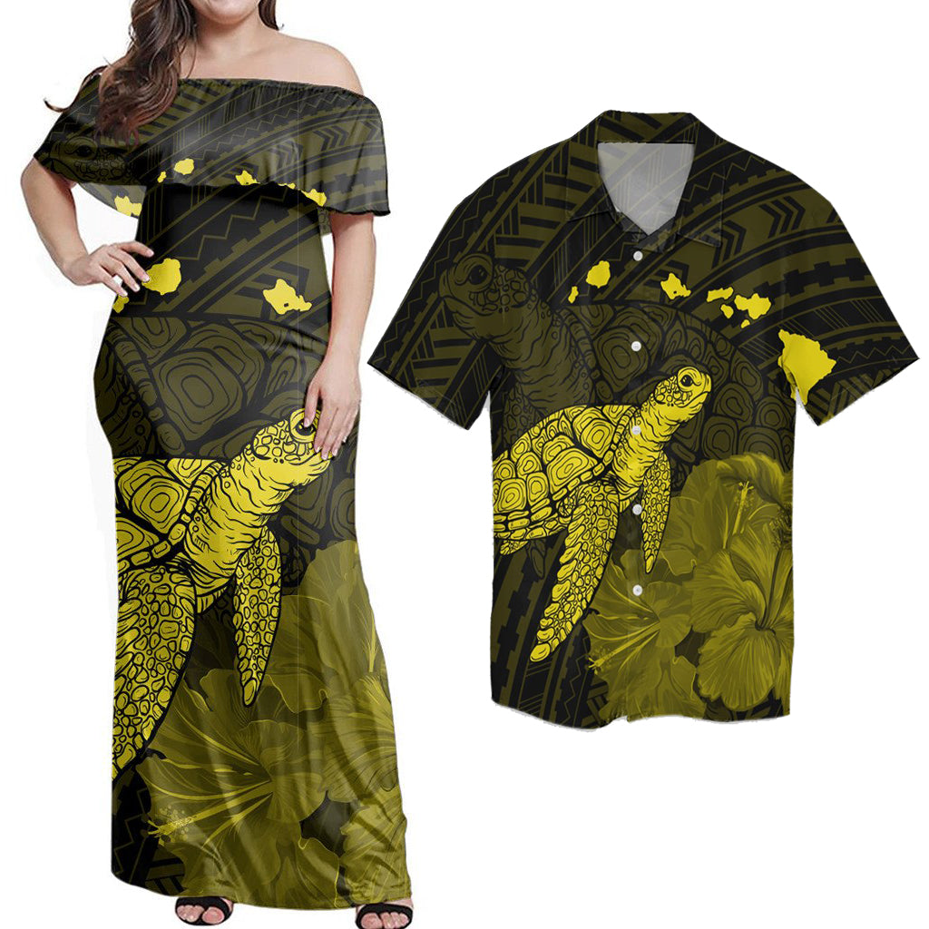 Matching Dress and Hawaiian Shirt Hawaii Polynesian Hibiscus Turtle Map Yellow RLT14 - Polynesian Pride