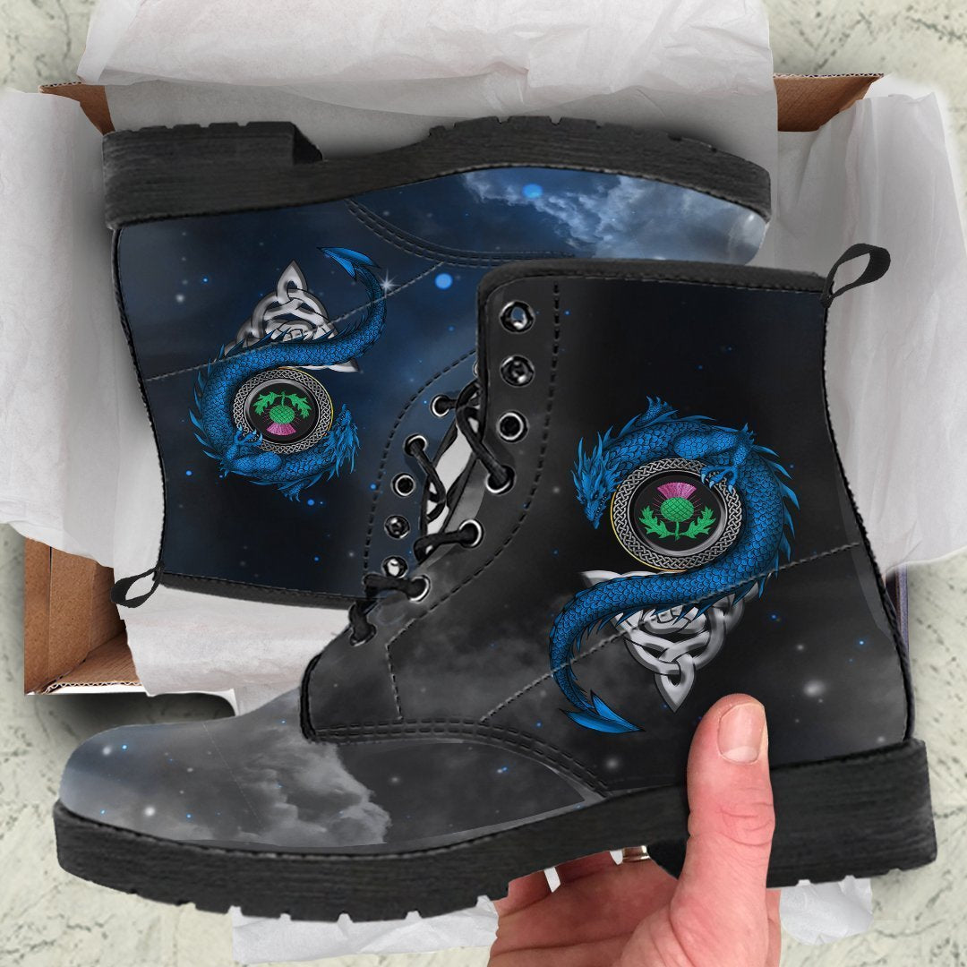 Scotland Celtic Leather Boots - Dragon & Thistle With Celtic Blue - Polynesian Pride