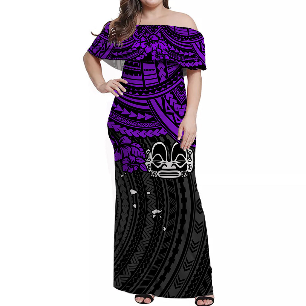 Marquesas Islands Off Shoulder Long Dress Purple Polynesia Pattern Mix Tiki LT13 Long Dress Purple - Polynesian Pride
