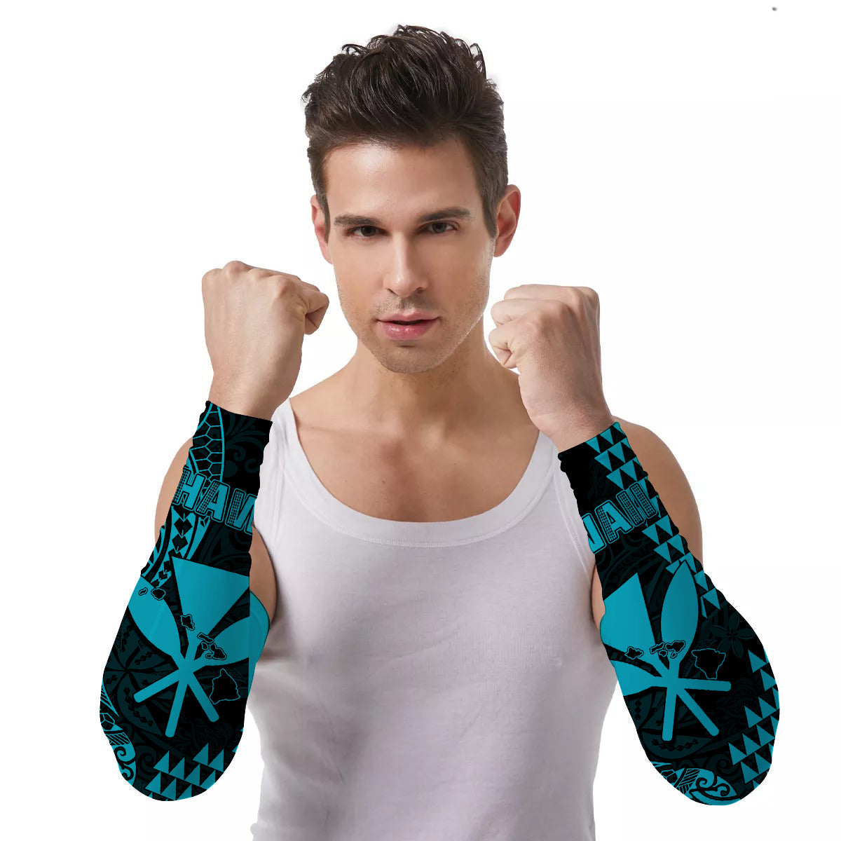 Arm Sleeves (Set of Two) Hawaii Day Kakau Proud To Be Hawaiian Kanaka Maoli Ver.05 LT13 Set of 2 Turquoise - Polynesian Pride