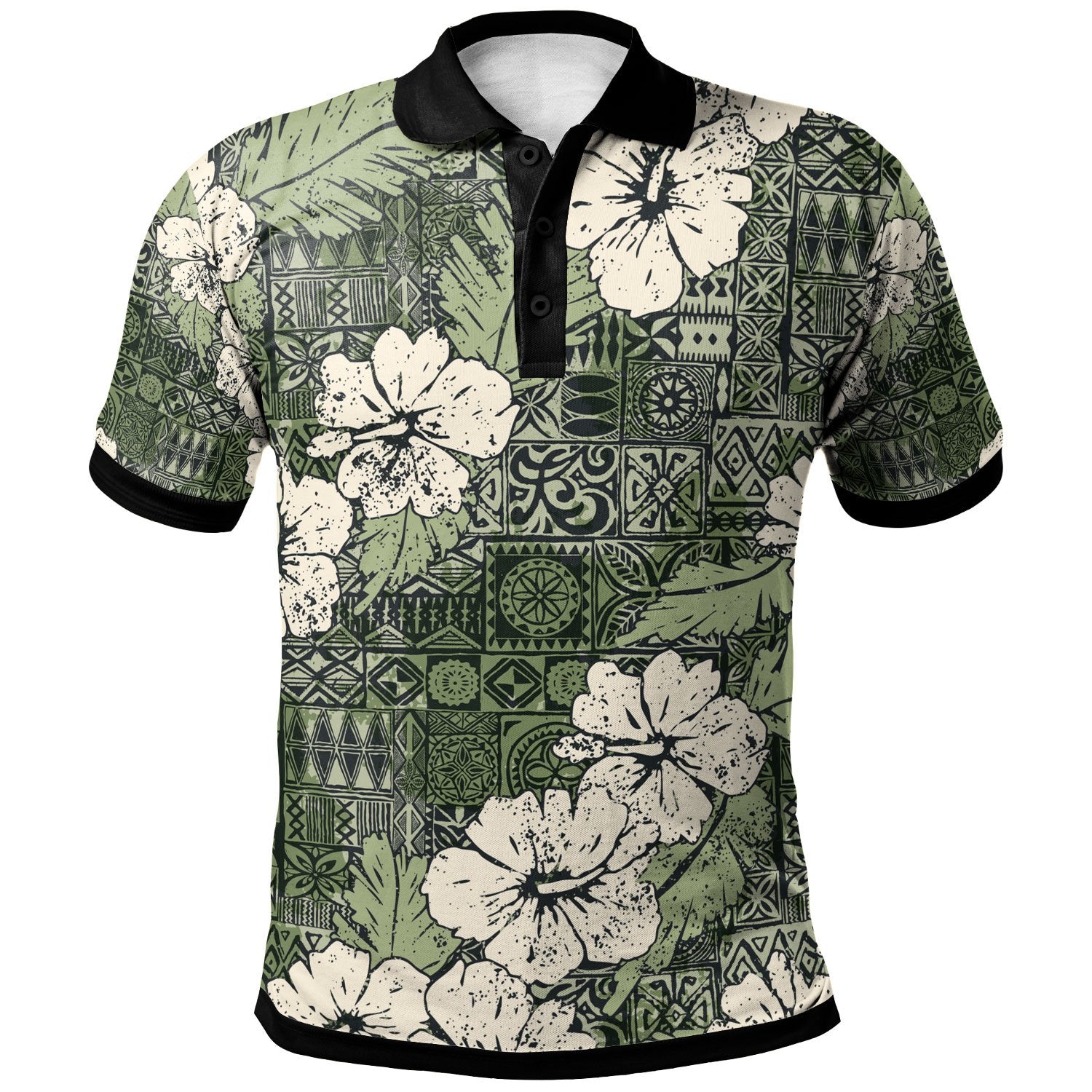 Polynesian Polo Shirt Abstract Hibiscus Flowers With Tribal Background Green Color Unisex Vintage Color - Polynesian Pride