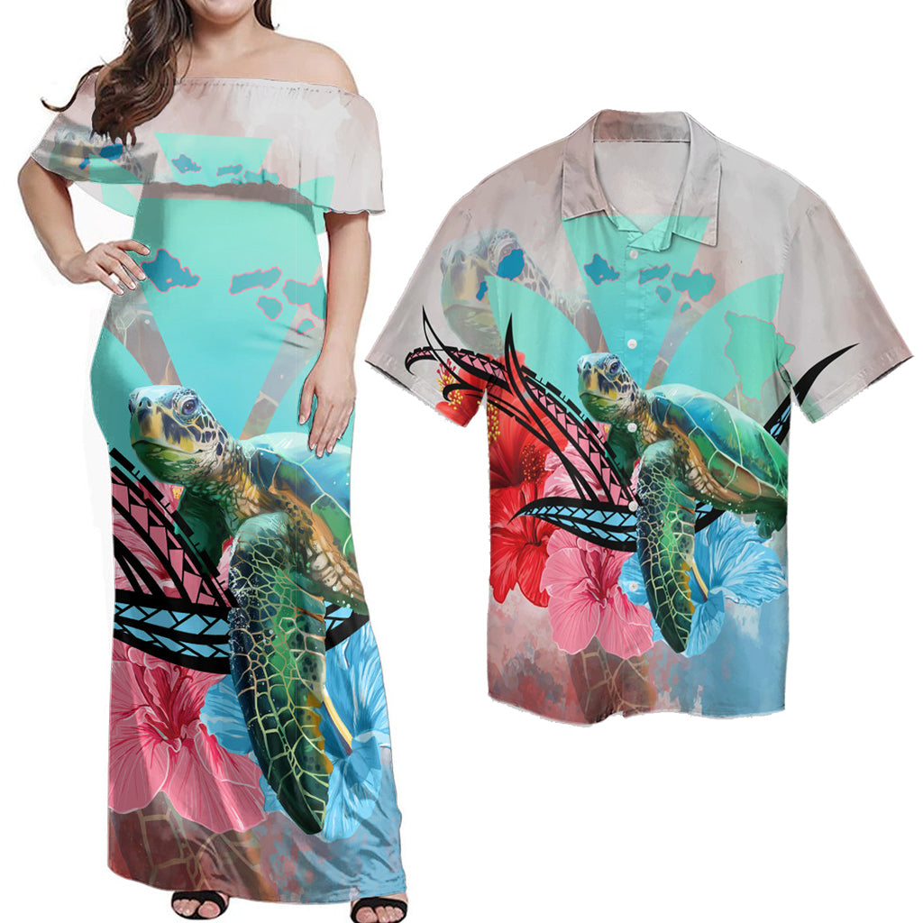 Matching Dress and Hawaiian Shirt Hawaii Map Kanaka Sea Turtle Hibiscus Blue Pink RLT14 - Polynesian Pride