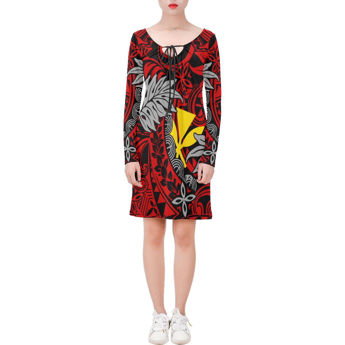 Hawaii Long Sleeve String Tie Dress - Red Hibiscus - Polynesian Pride