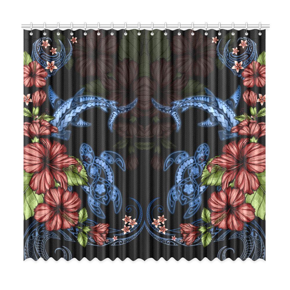 Turtle And Shark With Hibiscus Window Curtain ( Two Piece) One Size 50"x96"(Two Piece) Black - Polynesian Pride