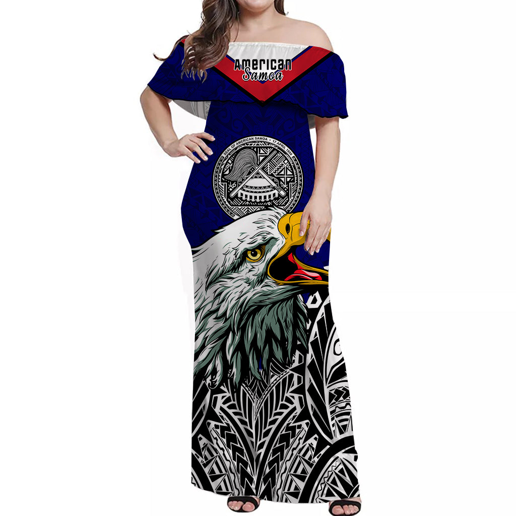 American Samoa Off Shoulder Long Dress Bald Eagle Mix Polynesian LT13 Women Blue - Polynesian Pride