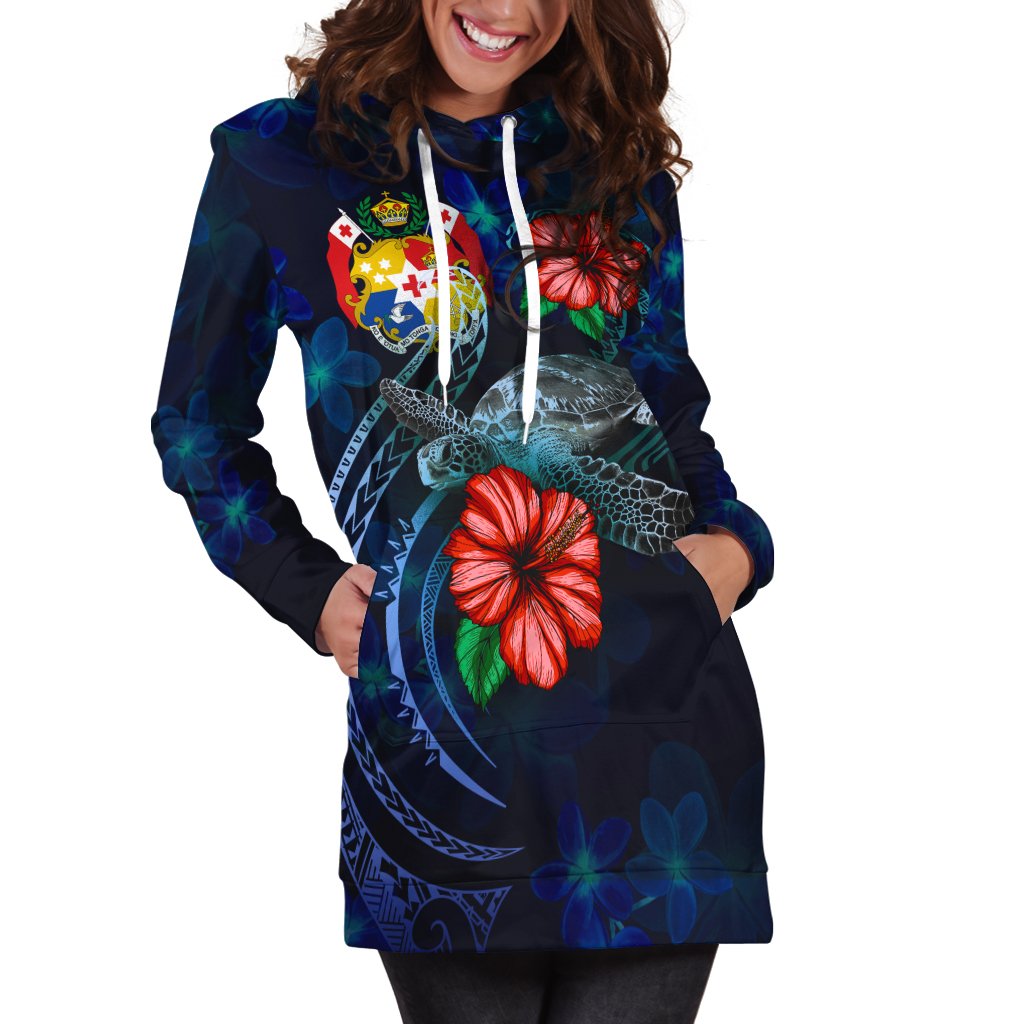 Tonga Polynesian Hoodie Dress - Blue Turtle Hibiscus - Polynesian Pride