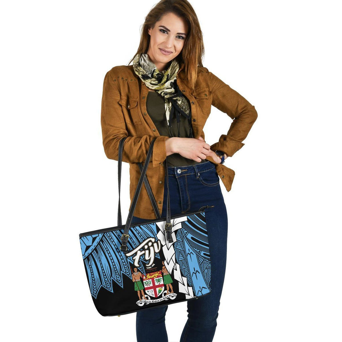 Fiji Polynesian Leather Tote Bag - Tribal Wave Tattoo Flag Style - Polynesian Pride