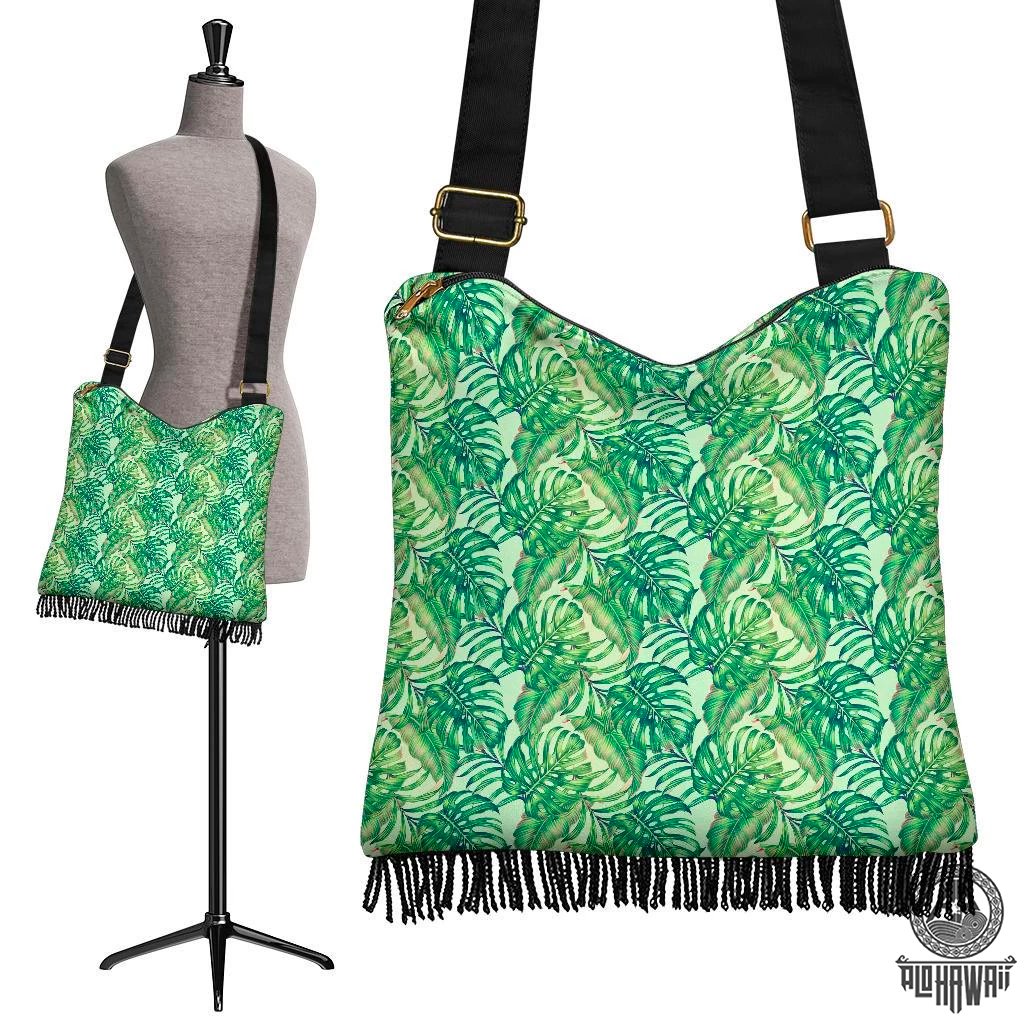 Hawaii Tropical Leaves Jungle Monstera Leaf Crossbody Boho Handbag Crossbody Boho Handbag One Size Green - Polynesian Pride