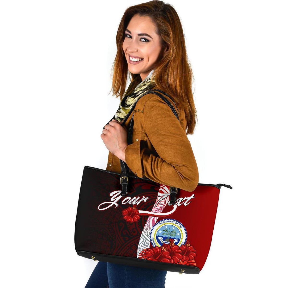 Federated States Of Micronesia Custom Personalised Leather Tote Bag - Coat Of Arm With Hibiscus - Polynesian Pride