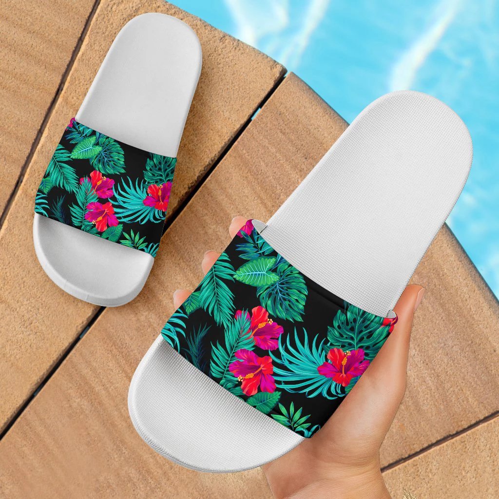 Hawaii Hibiscus Pattern Black Slide Sandals White - Polynesian Pride