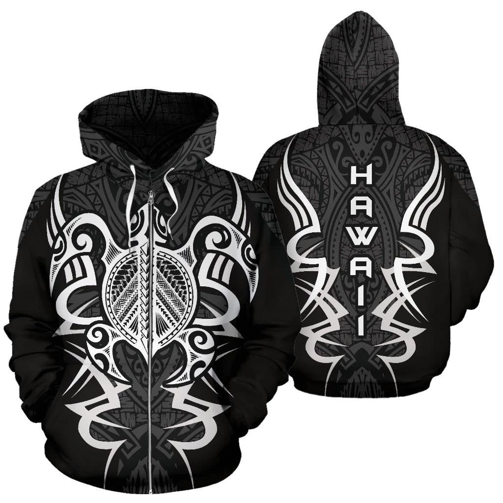 Hawaii Turtle Tribal Gray Zip up Hoodie Armor Style Unisex Gray - Polynesian Pride