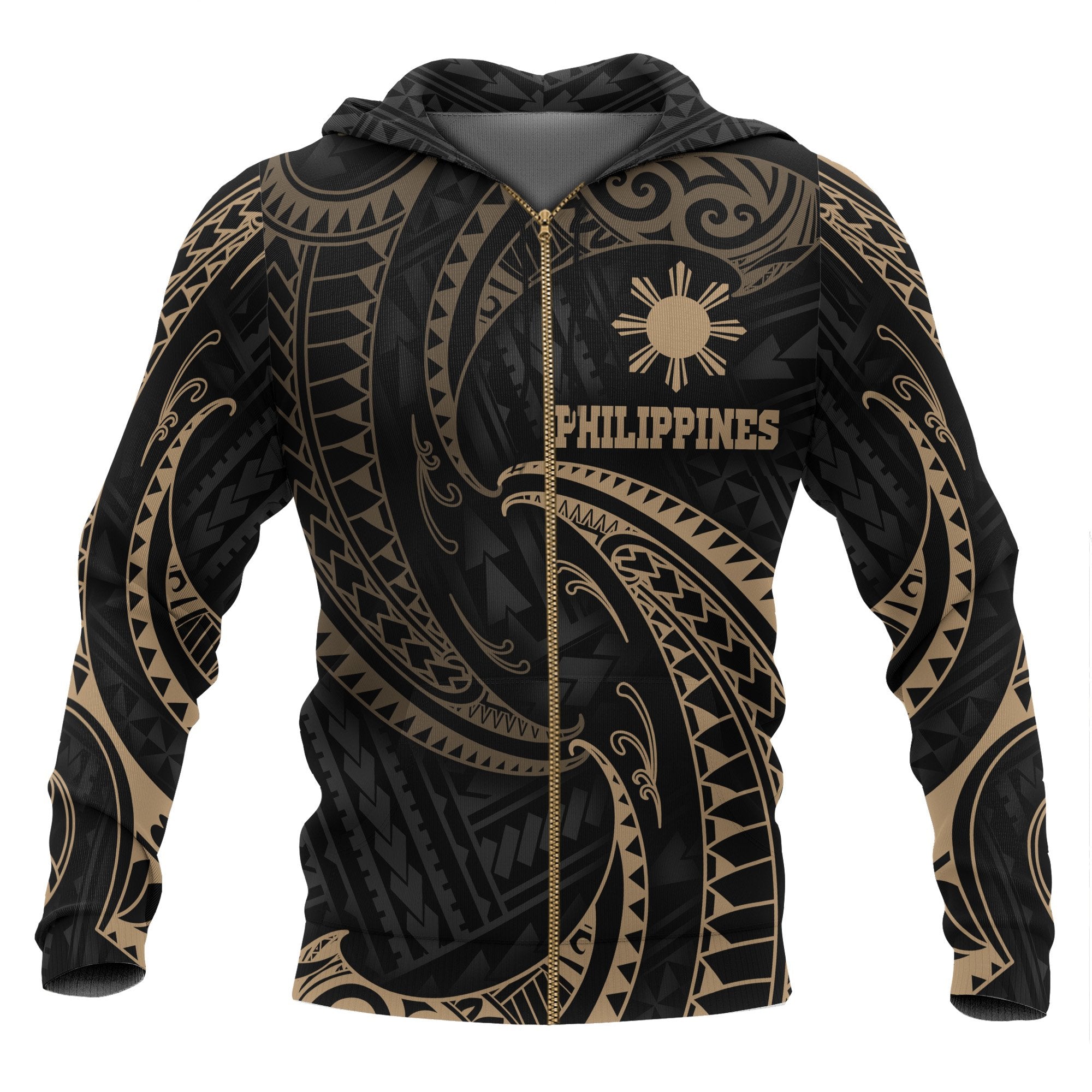 Philippines Zip up Hoodie Gold Tribal Wave Unisex Black - Polynesian Pride