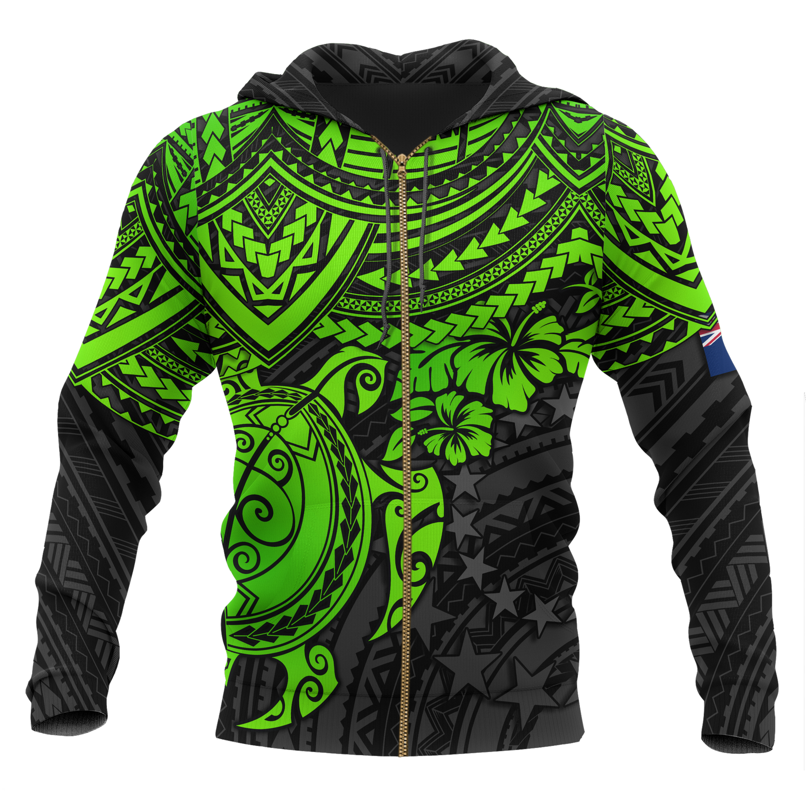 Cook Islands Polynesian Zip up Hoodie Green Turtle Unisex Green - Polynesian Pride