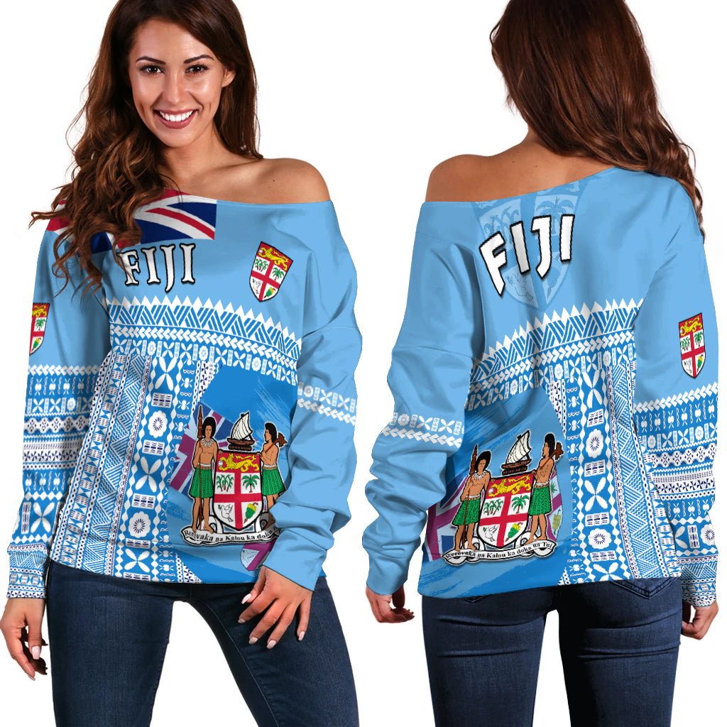 Fiji Dreamy Off Shoulder Sweater Tapa Pattern LT13 Blue - Polynesian Pride