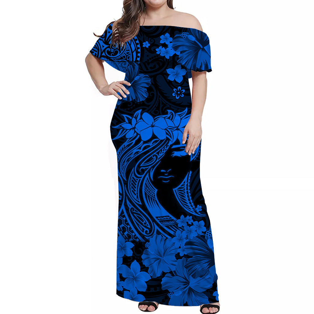 Hawaii Off Shoulder Long Dress Polynesia Blue Attractive Hula Girl LT13 Women Blue - Polynesian Pride