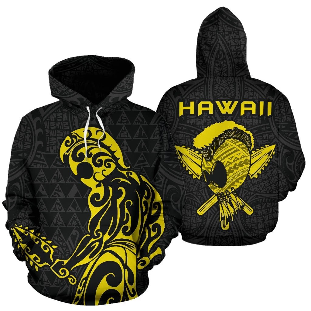 Polynesian Kakau Helmet Weapon Yellow Kanaka Warrior Hoodie Unisex Yellow - Polynesian Pride
