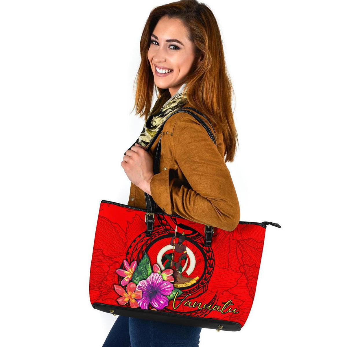 Vanuatu Polynesian Large Leather Tote - Floral With Seal Red - Polynesian Pride