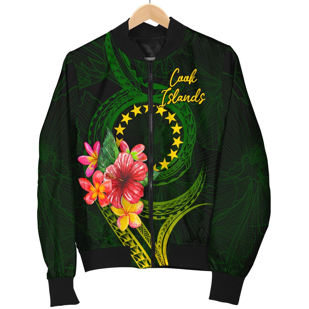 Cook Islands Polynesian Bomber Jacket - Floral With Seal Flag Color Green Unisex - Polynesian Pride