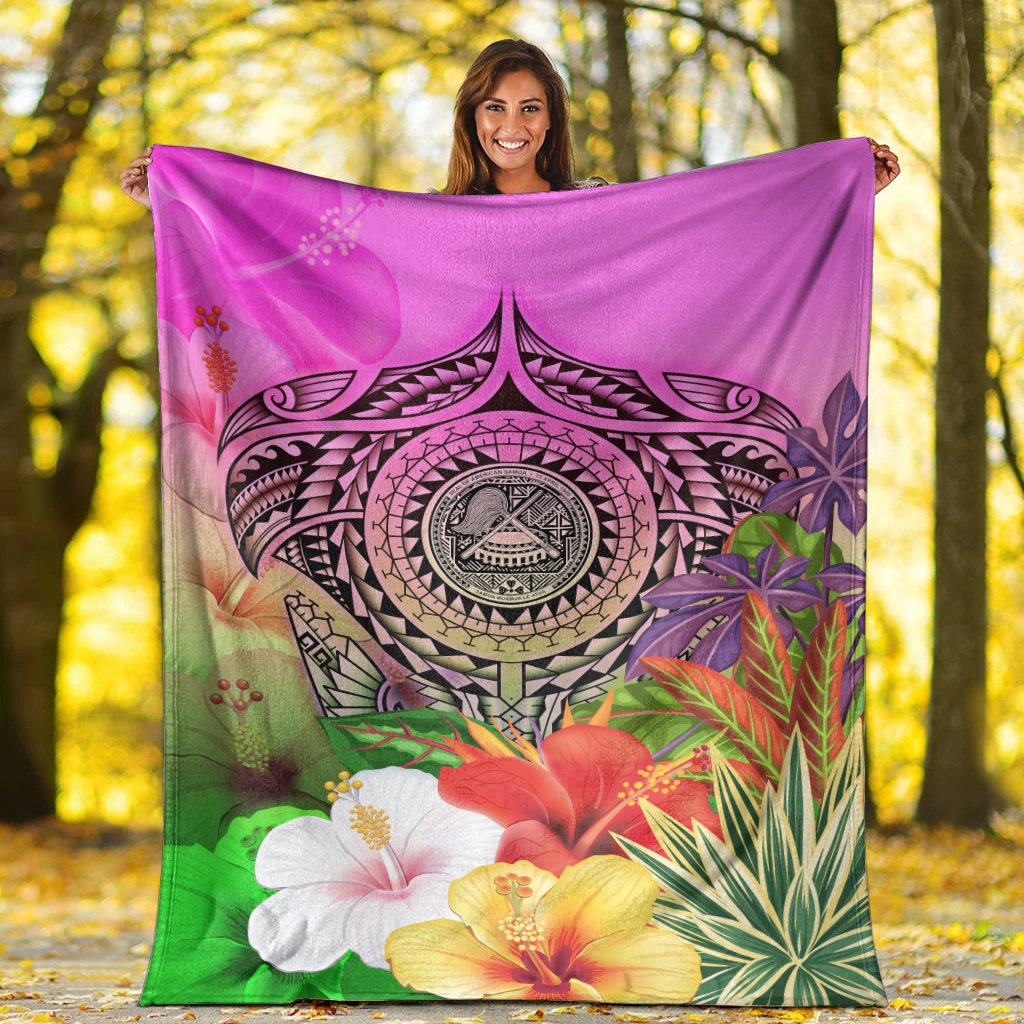 American Samoa Polynesian Premium Blanket - Manta Ray Tropical Flowers - Polynesian Pride