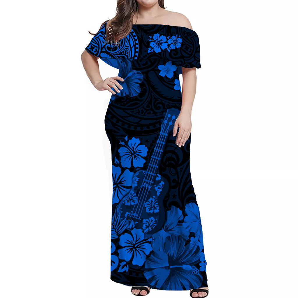 Hawaii Off Shoulder Long Dress Polynesia Blue Ukulele Flowers LT13 Women Blue - Polynesian Pride