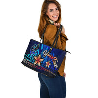 Guam Custom Personalised Large Leather Tote Bag - Vintage Tribal Mountain - Polynesian Pride