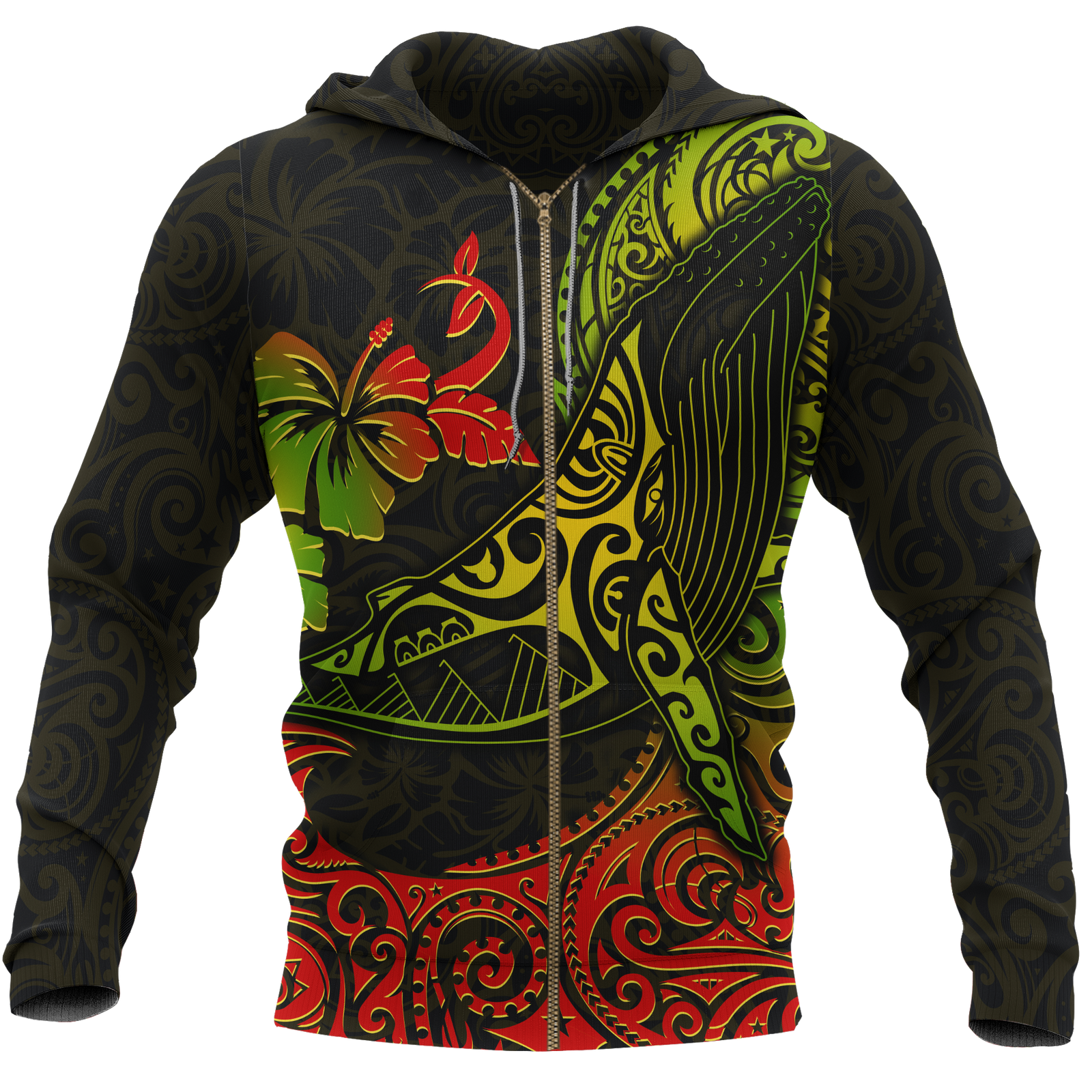 Hawaii Zip up Hoodie Polynesian Humpback Whale Unisex BLACK - Polynesian Pride
