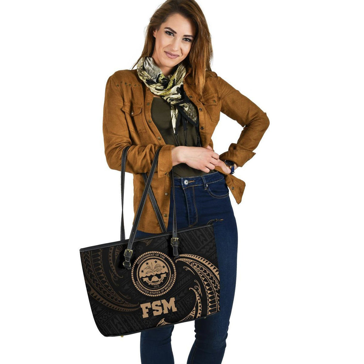 Federated States Of Micronesia Leather Tote Bag - Gold Tribal Wave - Polynesian Pride
