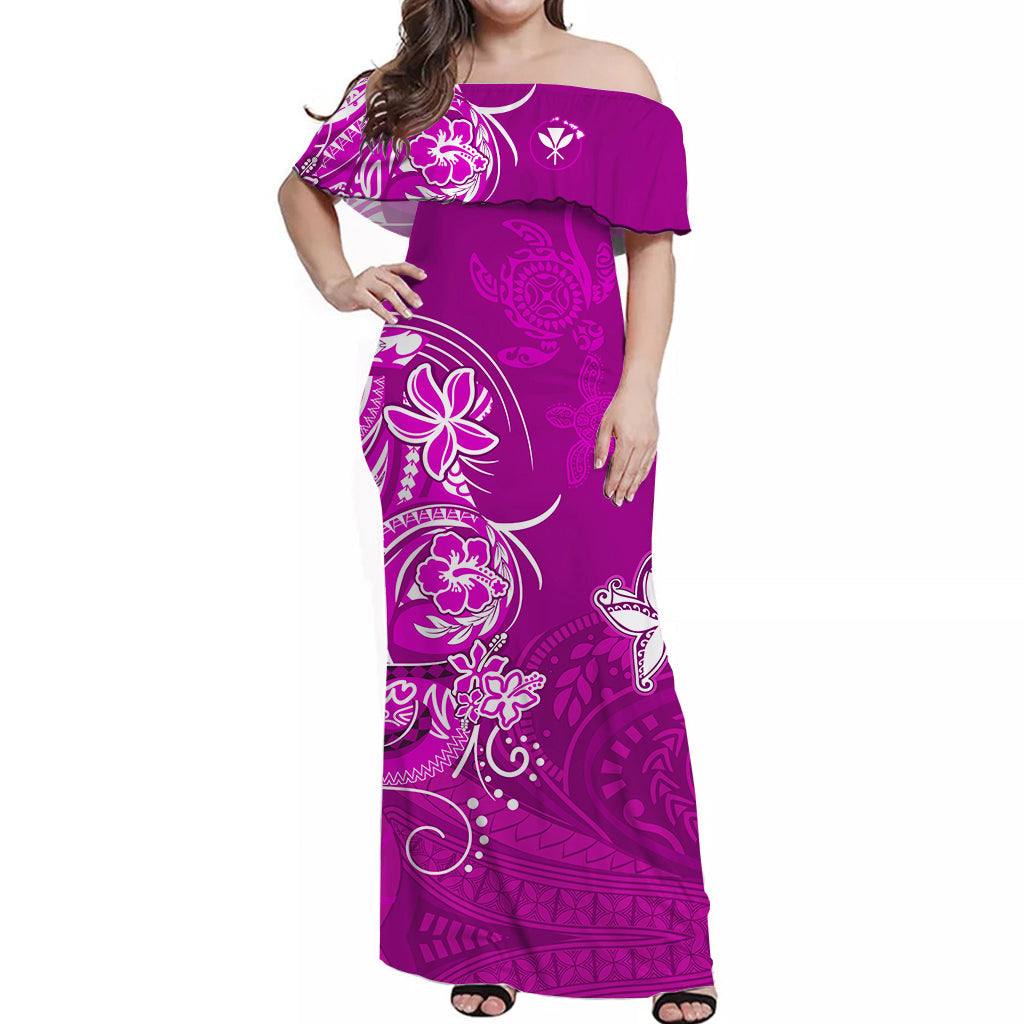(Custom Personalised) Hawaii Off Shoulder Long Dress Polynesia Pink Sea Turtle Honu and Map LT13 Women Pink - Polynesian Pride