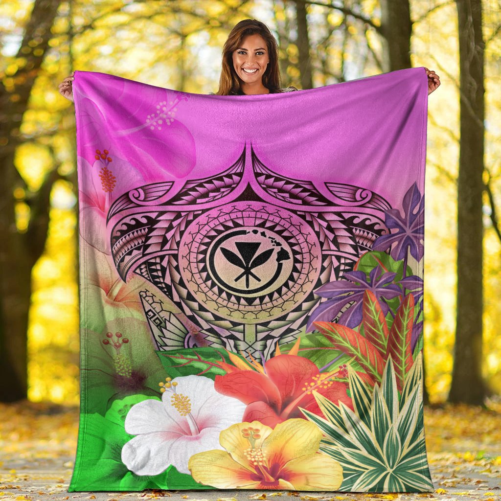 Hawaii Premium Blanket - Kanaka Maoli Manta Ray Tropical Flowers - Polynesian Pride