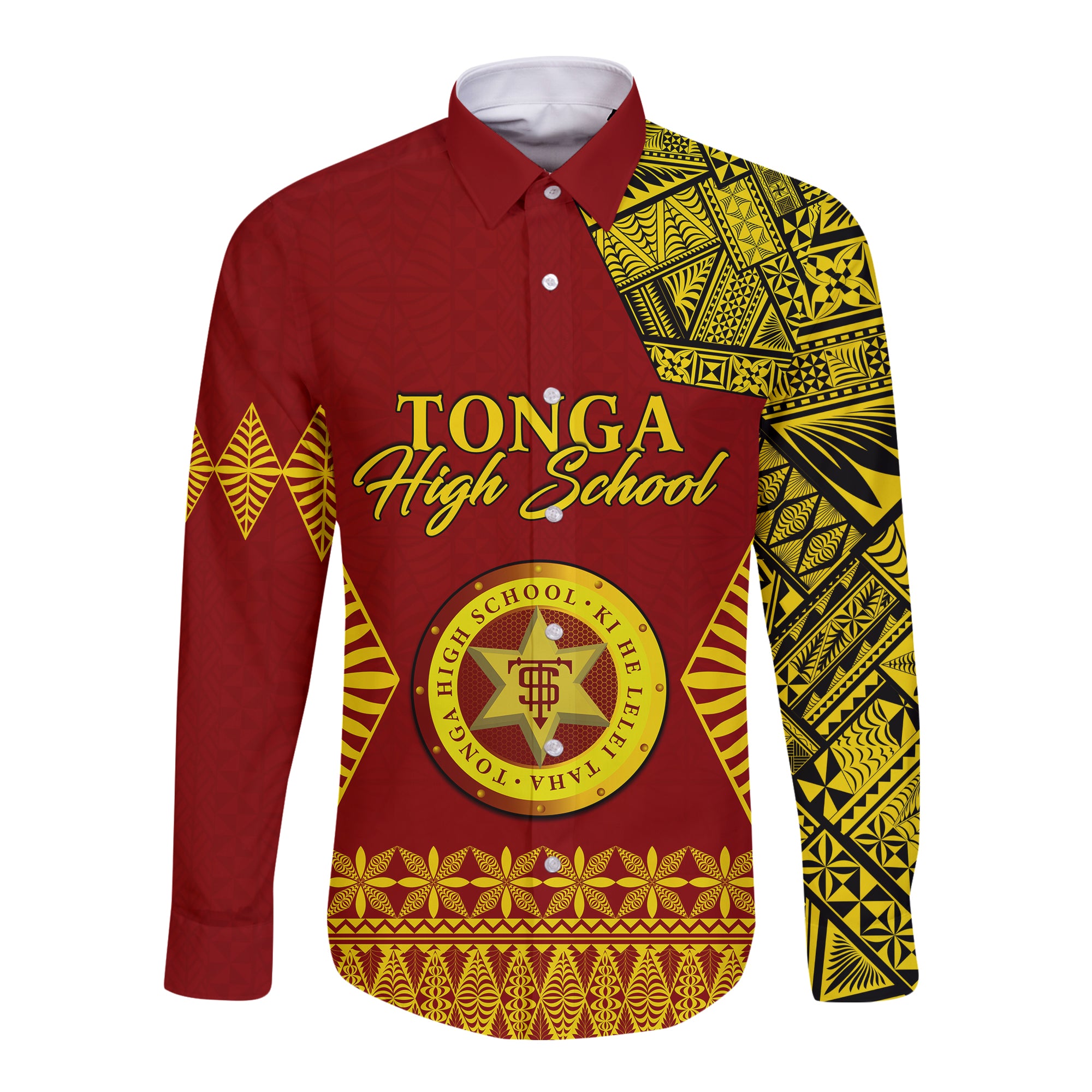 Tonga High School Hawaii Long Sleeve Button Shirt Tongan Ngatu LT13 Unisex Red - Polynesian Pride