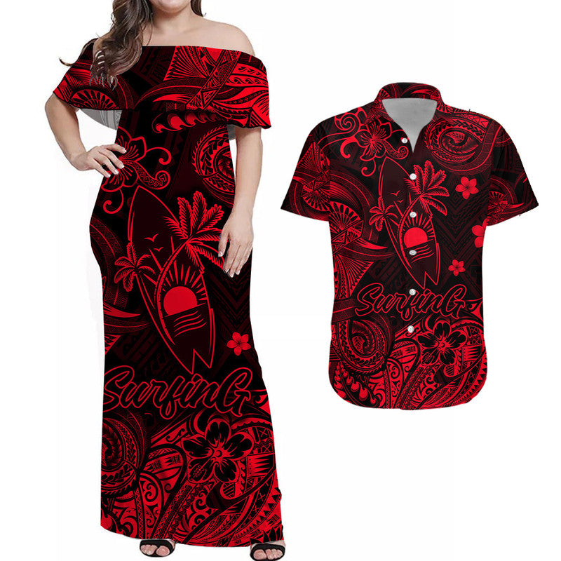 Hawaii Surfing Polynesian Matching Dress and Hawaiian Shirt Matching Couples Outfit Unique Style Red LT8 Red - Polynesian Pride