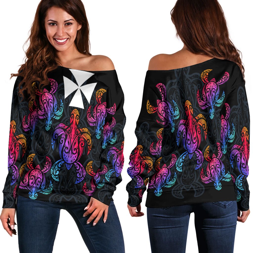 Wallis And Futuna Women's Off Shoulder Sweaters - Sea Turtle In Tribal Polynesian Style Black - Polynesian Pride