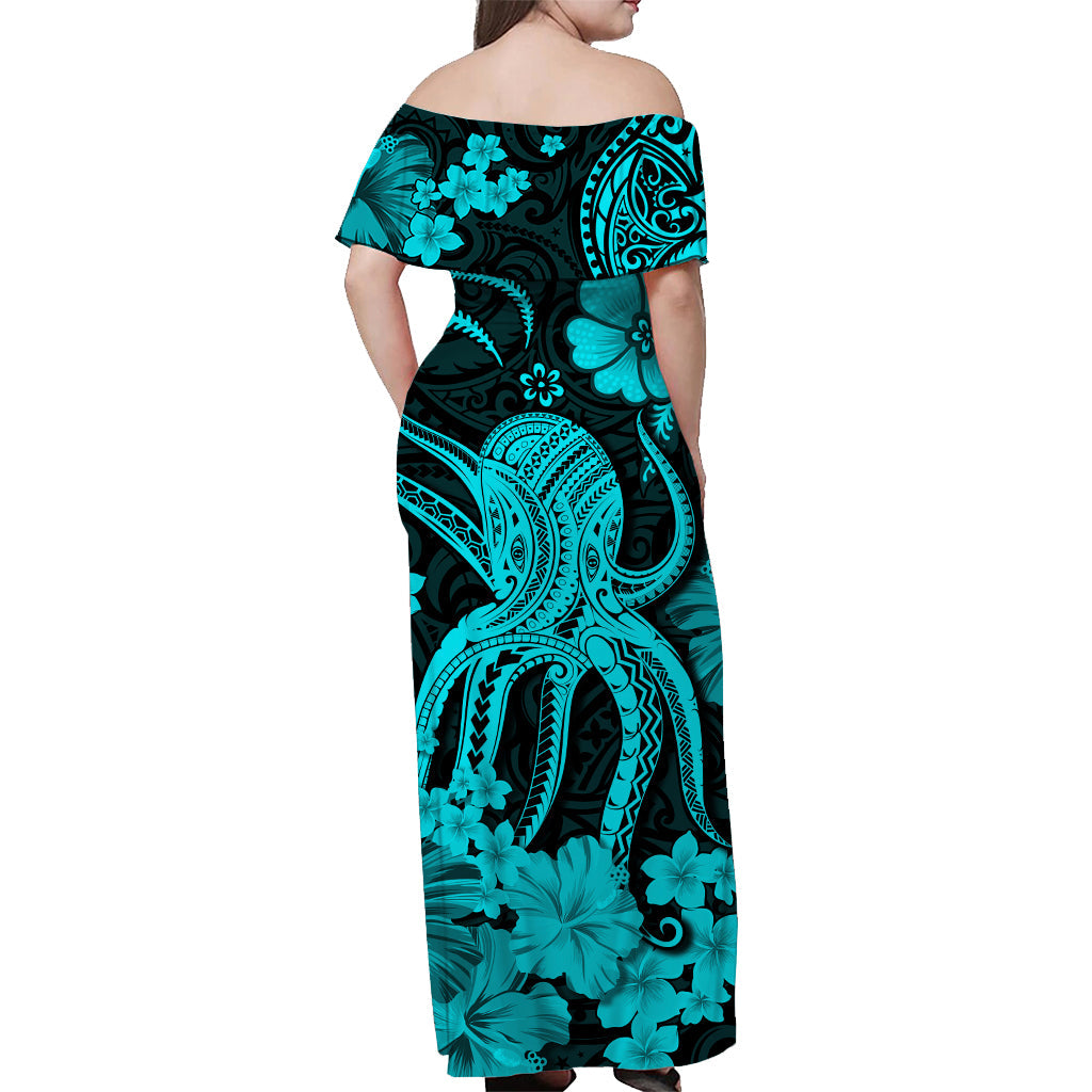 Hawaii Off Shoulder Long Dress Polynesia Turquoise Octopus LT13 - Polynesian Pride