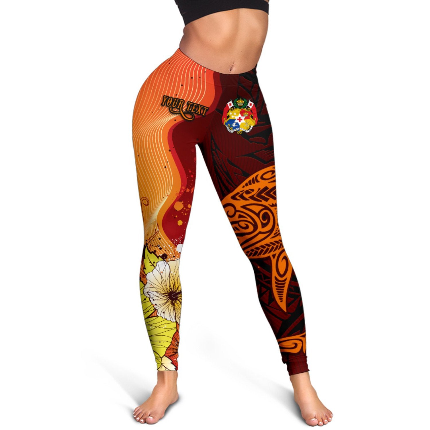 Tonga Custom Personalised Women's Leggings - Tribal Tuna Fish Orange - Polynesian Pride