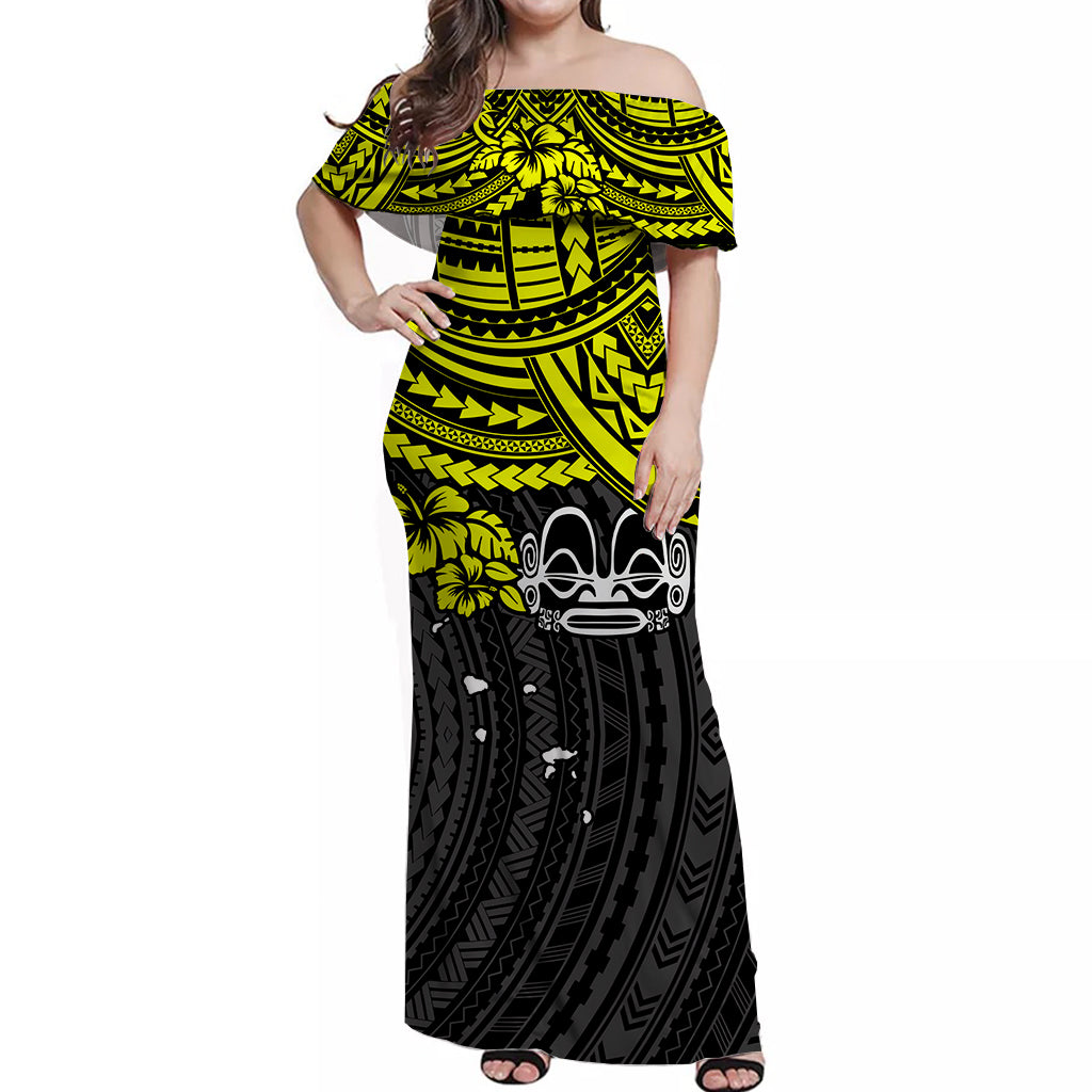 Marquesas Islands Off Shoulder Long Dress Yellow Polynesia Pattern Mix Tiki LT13 Long Dress Yellow - Polynesian Pride