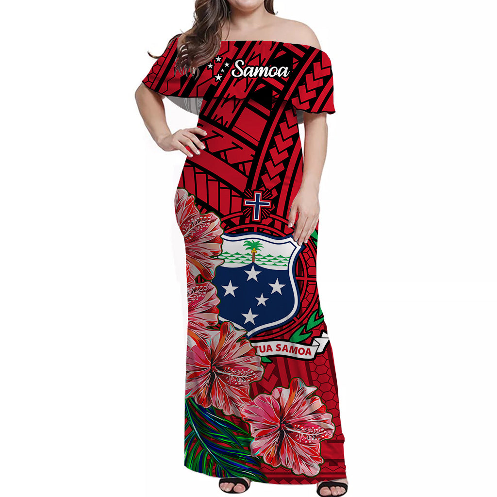 Samoa Off Shoulder Long Dress Hibiscus Flowers Red LT13 Women Red - Polynesian Pride