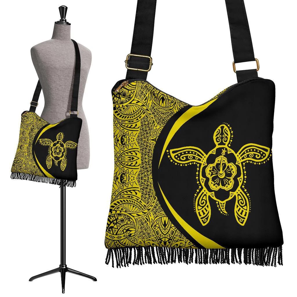 Hawaii Turtle Polynesian Crossbody Boho Handbag-Circle Style Yellow Crossbody Boho Handbag One Size Black - Polynesian Pride