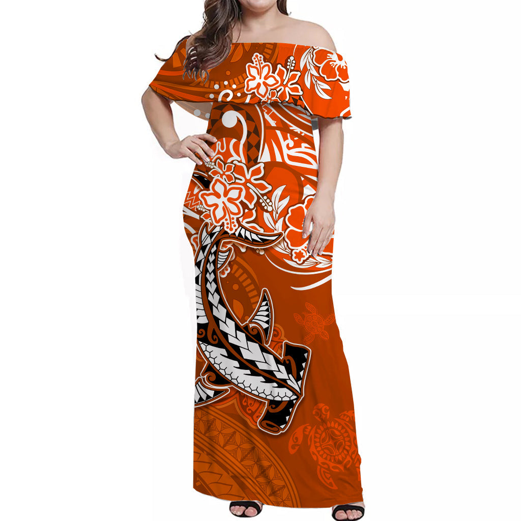 (Custom Personalised) Hawaii Off Shoulder Long Dress Polynesia Orange Sea Turtle Honu and Hammerhead Shark LT13 Women Orange - Polynesian Pride