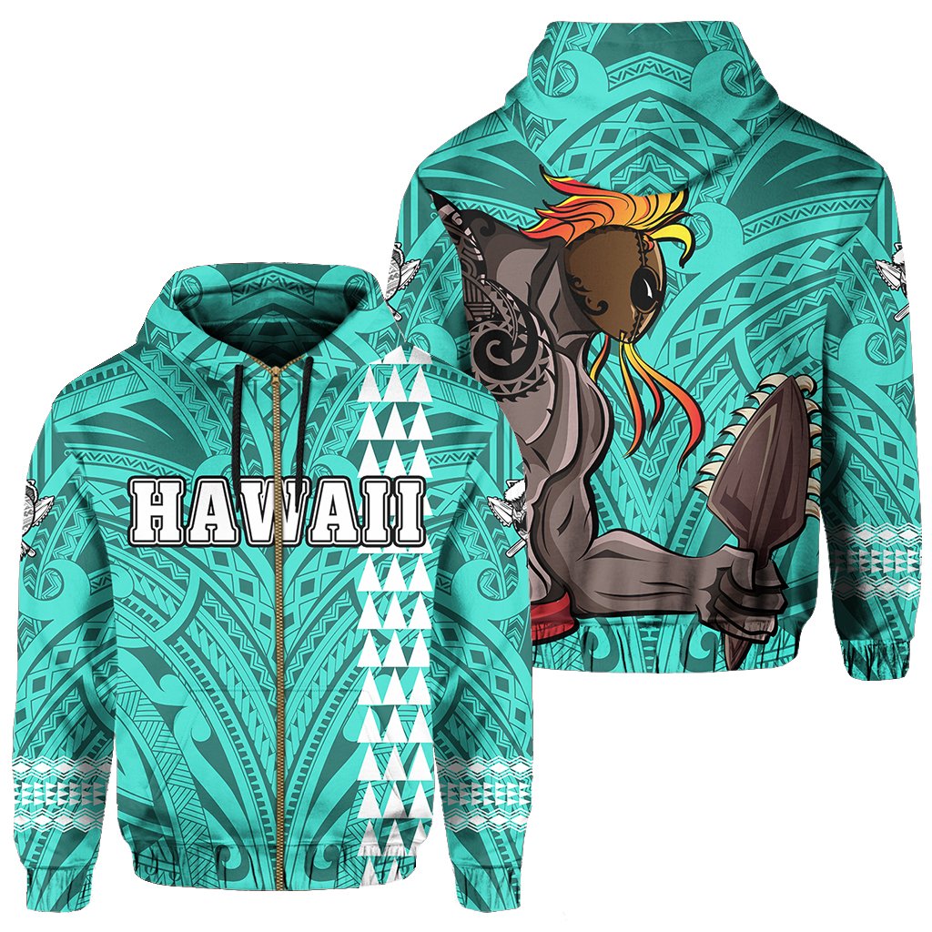 Polynesian Islands Warrior Kakau Hawaii Zip Hoodie Turquoise Unisex Turquoise - Polynesian Pride