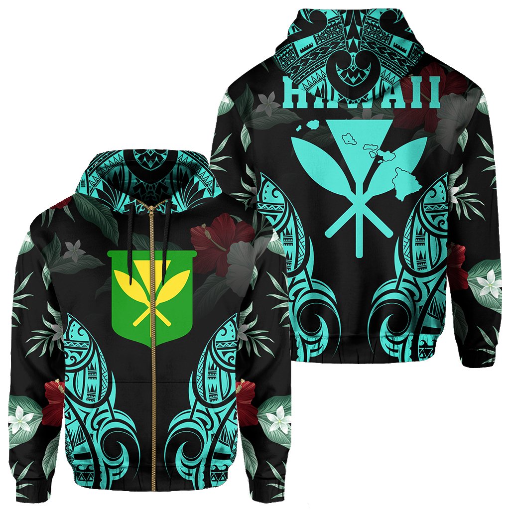 Polynesian Tropic Kanaka Maoli Hibiscus Hawaii Zip Hoodie Turquoise Unisex Turquoise - Polynesian Pride