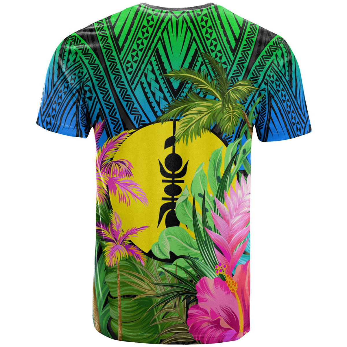 New Caledonia T Shirt Green Blue Hibiscus Coconut - Polynesian Pride