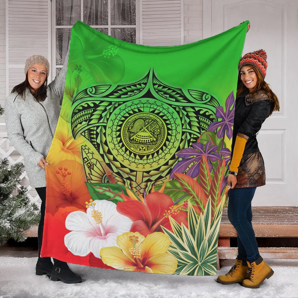 American Samoa Polynesian Premium Blanket - Manta Ray Tropical Flowers (Green) - Polynesian Pride