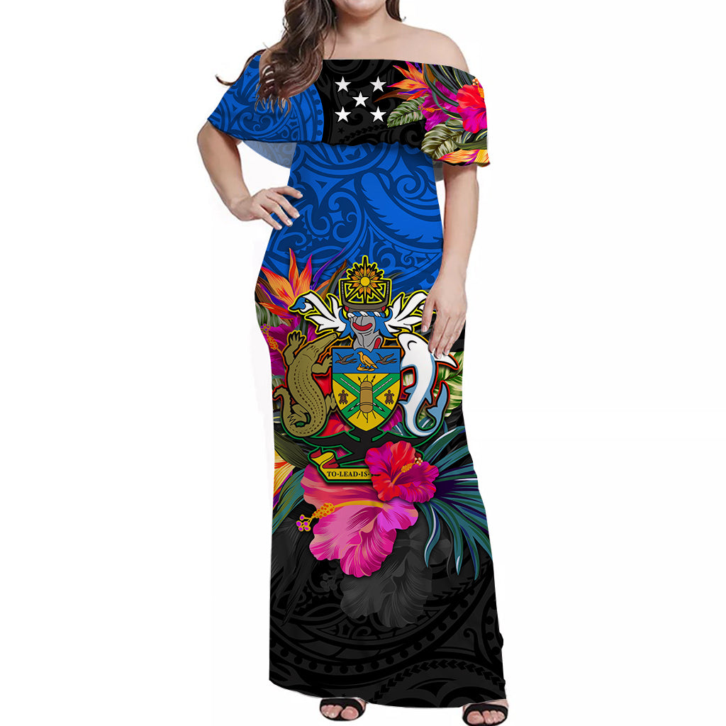 Solomon Off Shoulder Long Dress Alluring Polynesia and Tropical Flowers LT13 Women Black - Polynesian Pride