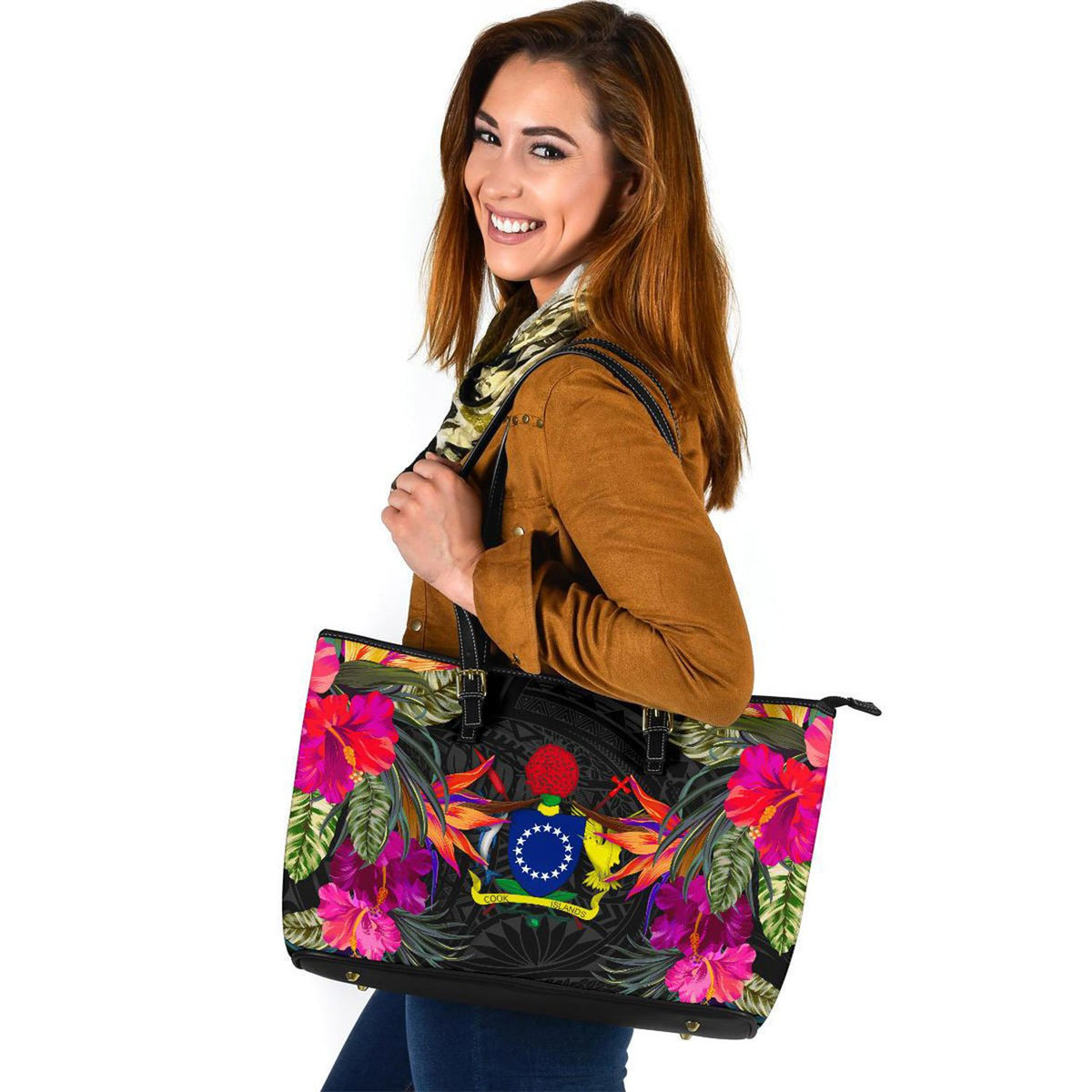 Cook Islands Large Leather Tote - Polynesian Hibiscus Pattern - Polynesian Pride