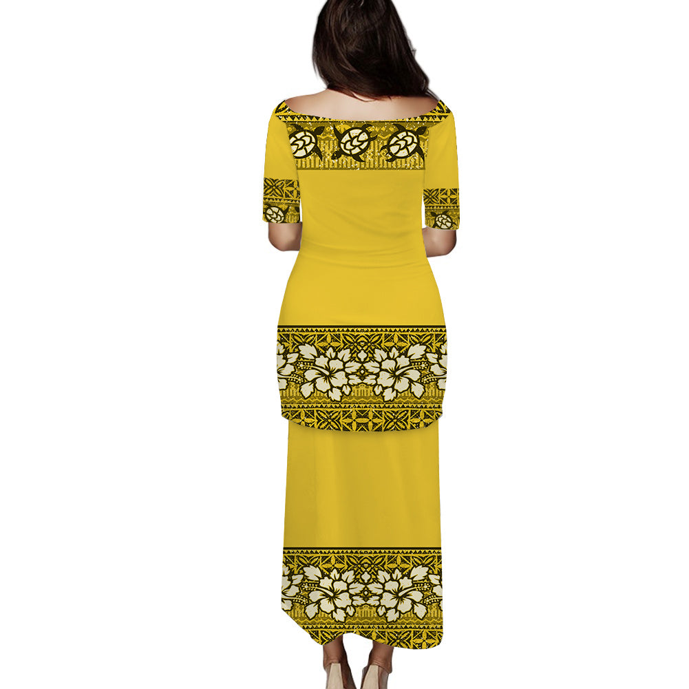 NE Fiji Bula Dress Tapa Turtles And Hibiscus Puletasi Dress Ver.02 LT14 - Polynesian Pride