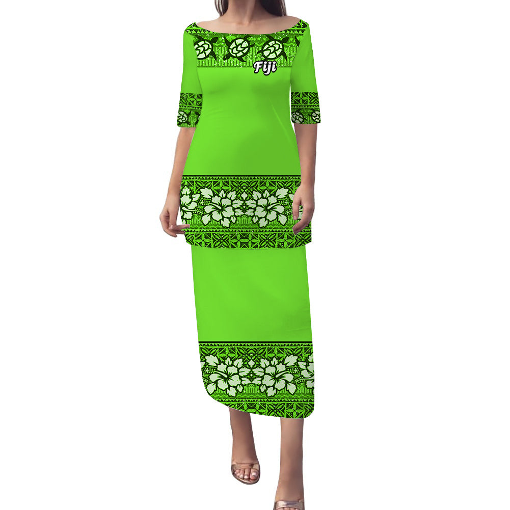 NE Fiji Bula Dress Tapa Turtles And Hibiscus Puletasi Dress Ver.01 LT14 Green - Polynesian Pride