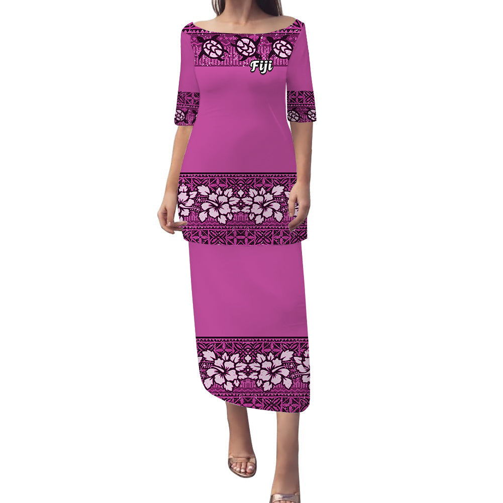 NE Fiji Bula Dress Tapa Turtles And Hibiscus Puletasi Dress Ver.04 LT14 Pink - Polynesian Pride