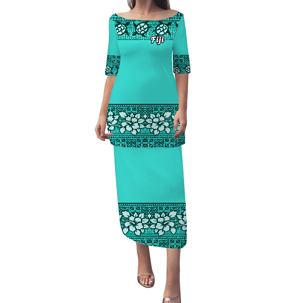 NE Fiji Bula Dress Tapa Turtles And Hibiscus Puletasi Dress Ver.05 LT14 Turquoise - Polynesian Pride